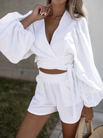 Women Casual Plain Summer Polyester Natural No Elasticity Short Sleeve Top With Pants H-Line Two-Piece Sets