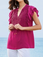 Women Casual Plain Summer Polyester No Elasticity Daily Loose Short Sleeve Regular Shirts