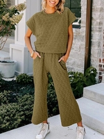 Women Casual Plain Summer Polyester No Elasticity Daily Short Sleeve Crew Neck Top With Pants Two-Piece Sets