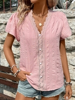 Women Casual Plain Summer Polyester No Elasticity Loose Lace Short Sleeve Regular Blouses