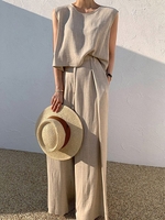 Women Casual Plain Summer Polyester No Elasticity Sleeveless Top With Pants H-Line Regular Two-Piece Sets
