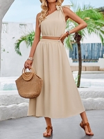 Women Casual Plain Summer Polyester One Shoulder Natural Sleeveless Top With Skirt Regular Two-Piece Sets