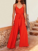 Women Casual Plain Summer Polyester Spaghetti No Elasticity Daily H-Line Regular Jumpsuits