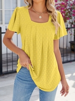 Women Casual Plain Summer Polyester Square neck Micro-Elasticity Daily Loose Regular Shirts
