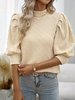 Women Casual Plain Summer Polyester Stand Collar Micro-Elasticity Half Sleeve Regular H-Line Shirts