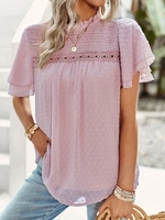 Women Casual Plain Summer Polyester Stand Collar No Elasticity Daily Lace Short Sleeve Shirts