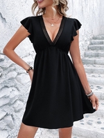 Women Casual Plain Summer Polyester V neck Daily Cap Sleeve H-Line No Dresses