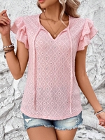 Women Casual Plain Summer Polyester V neck Daily Loose Regular H-Line Shirts