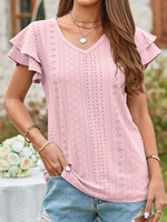 Women Casual Plain Summer Polyester V neck Daily Short Sleeve H-Line Regular Shirts