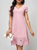 Women Casual Plain Summer Polyester V neck Hollow out Loose Short Sleeve Regular Dresses