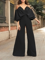 Women Casual Plain Summer Polyester V neck Micro-Elasticity Daily Loose Long Jumpsuits