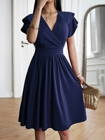 Women Casual Plain Summer Polyester V neck Micro-Elasticity Half Sleeve Regular No Dresses