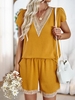 Women Casual Plain Summer Polyester V neck Natural Loose Short Sleeve Regular Two-Piece Sets