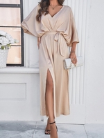 Women Casual Plain Summer Polyester V neck No Elasticity Daily Half Sleeve Regular Dresses
