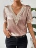 Women Casual Plain Summer Polyester V neck No Elasticity Daily Loose Regular Shirts