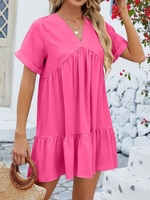 Women Casual Plain Summer Polyester V neck No Elasticity Daily Loose Short Sleeve Dresses