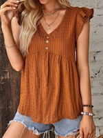 Women Casual Plain Summer Polyester V neck No Elasticity H-Line Buckle Regular Shirts