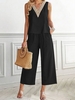 Women Casual Plain Summer Polyester V neck No Elasticity Lace Top With Pants H-Line Two-Piece Sets