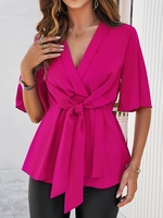 Women Casual Plain Summer Polyester V neck No Elasticity Loose Short Sleeve H-Line Shirts