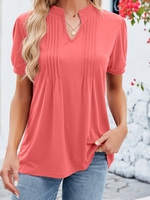 Women Casual Plain Summer Polyester V neck No Elasticity Regular Fit Short Sleeve Regular T-shirts