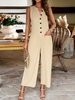 Women Casual Plain Summer Polyester V neck Sleeveless Long H-Line Regular Jumpsuits