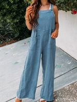 Women Casual Plain Summer Spaghetti Natural No Elasticity Polyester Cotton Long Regular Jumpsuits