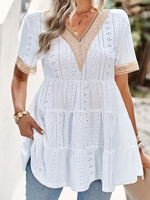 Women Casual Plain Summer V neck Daily Loose Lace H-Line Regular Shirts