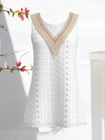 Women Casual Plain Summer V neck Loose Regular H-Line Regular Lace Tank Tops