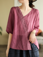 Women Casual Plain Summer V neck Loose Short Sleeve Regular H-Line Regular Blouses