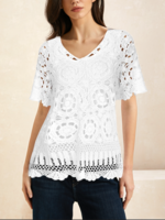 Women Casual Plain Summer V neck Natural Loose Regular H-Line Regular T-shirts