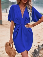 Women Casual Plain Summer V neck Natural No Elasticity Daily H-Line Regular Dresses