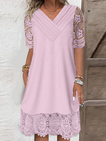 Women Casual Plain Summer V neck Natural No Elasticity Daily Lace Short Dresses