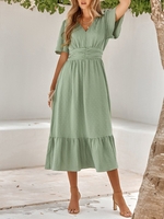 Women Casual Plain Summer V neck Natural Regular Fit Maxi Half Sleeve X-Line Dresses