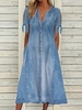 Women Casual Plain Summer V neck No Elasticity Denim A-Line Regular EC Denim Dresses