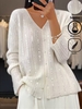 Women Casual Plain Winter Glitter Heavyweight Holiday Long Sleeve Wool/Knitting H-Line Cardigans