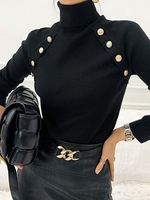 Women Casual Plain Winter High Elasticity Daily Loose Standard Long sleeve Buckle Sweater