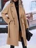 Women Casual Plain Winter Natural Daily Loose Long Sleeve Woolen Mid-long Coats