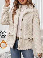 Women Casual Plain Winter Natural No Elasticity Warmth Regular H-Line Fleece Teddy Jackets