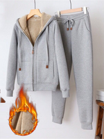 Women Casual Plain Winter Polyester Natural Loose Long Sleeve Top With Pants Fleece Two-Piece Sets