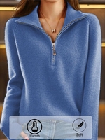 Women Casual Plain Winter V neck Zipper Heavyweight Daily Loose Long Sleeve Sweaters