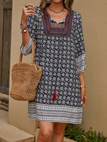 Women Casual Printed Summer Polyester V neck Drawcord Lightweight Skirt Loose Dresses