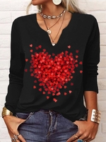 Women Casual Spring Heart/Cordate V neck Micro-Elasticity Daily Jersey Standard Regular T-shirt