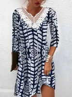 Women Casual Spring/Fall Abstract stripes Cotton High Elasticity Loose H-Line Lace Collar No Dresses