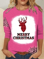 Women Casual Spring/Fall Christmas Polyester Micro-Elasticity Holiday Crew Neck Regular H-Line T-shirts