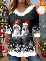 Women Casual Spring/Fall Christmas Snowman Polyester V neck Daily Loose Long Sleeve H-Line T-shirts