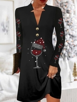 Women Casual Spring/Fall Christmas wine glass Daily Jersey Hot List Long Sleeve H-Line TUNIC Dresses