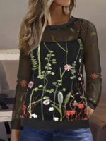 Women Casual Spring/Fall Embroidery Patterns Daily Loose Long Sleeve Regular H-Line Regular T-shirts