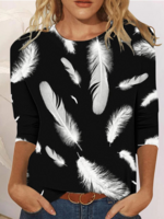 Women Casual Spring/Fall Feather Polyester Micro-Elasticity Household Crew Neck Regular Regular T-shirts