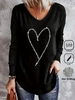 Women Casual Spring/Fall Heart/Cordate V neck Holiday Loose Regular Hot Drilling Regular T-shirts