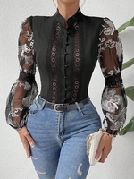 Women Casual Spring/Fall Leaf Stand Collar No Elasticity Daily Long Sleeve Regular Regular Blouses